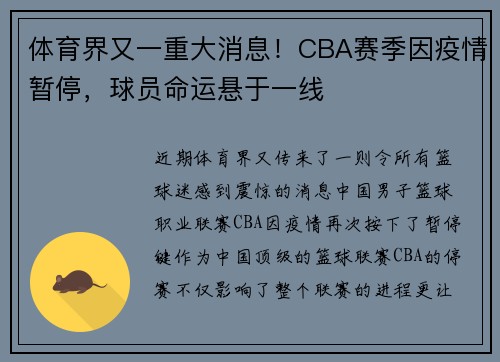 体育界又一重大消息！CBA赛季因疫情暂停，球员命运悬于一线