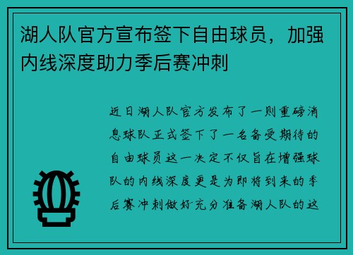 湖人队官方宣布签下自由球员，加强内线深度助力季后赛冲刺